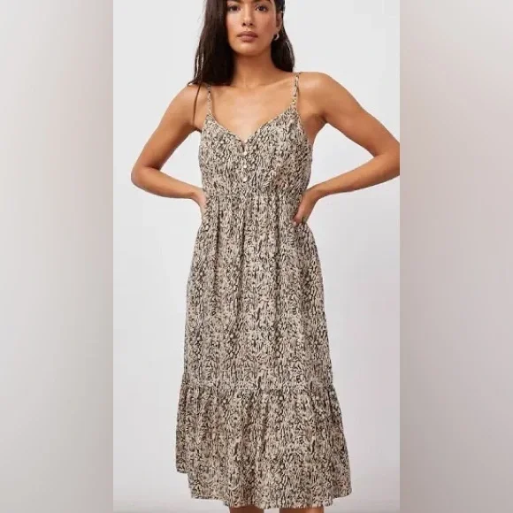 knee length dresses for ladies Brown Linen Blend Printed Midi Dress – Mint Velvet main image 1